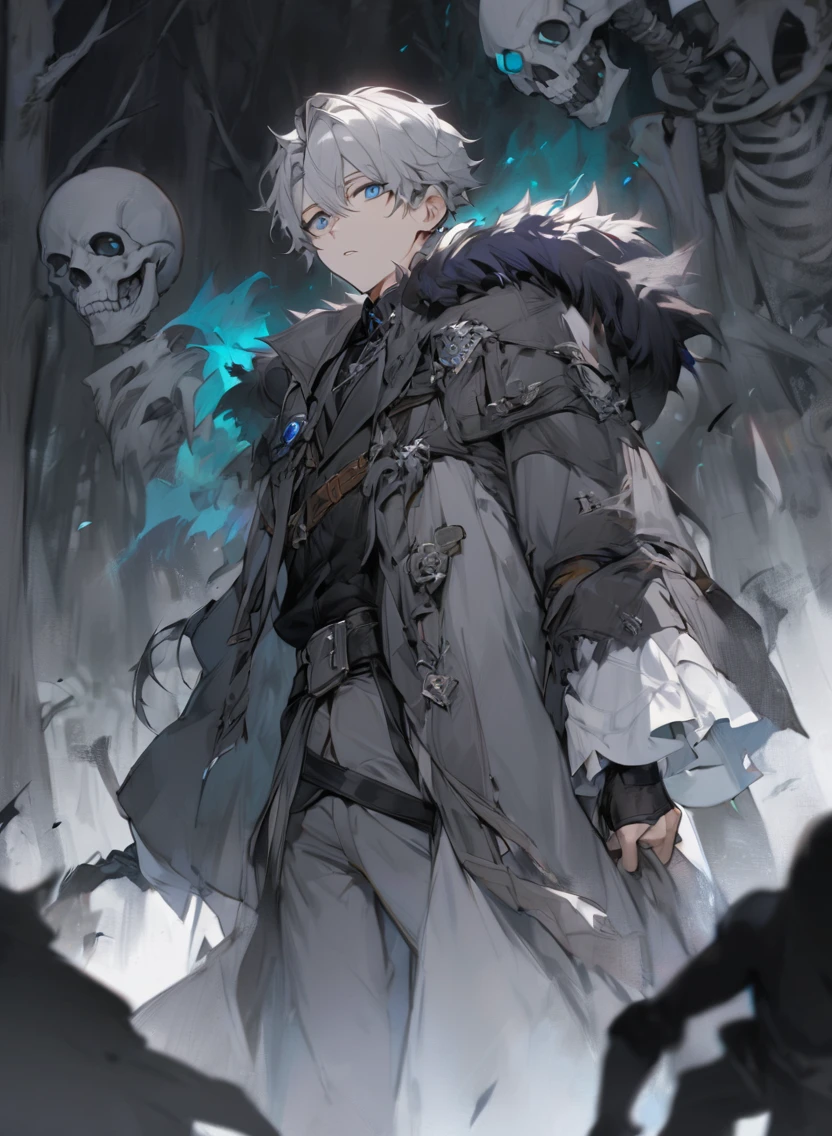 young man ,Male Dark, dark Woods, cold gray colors, man white hair with blue eye, Warlock dnd , Skeleton army in background