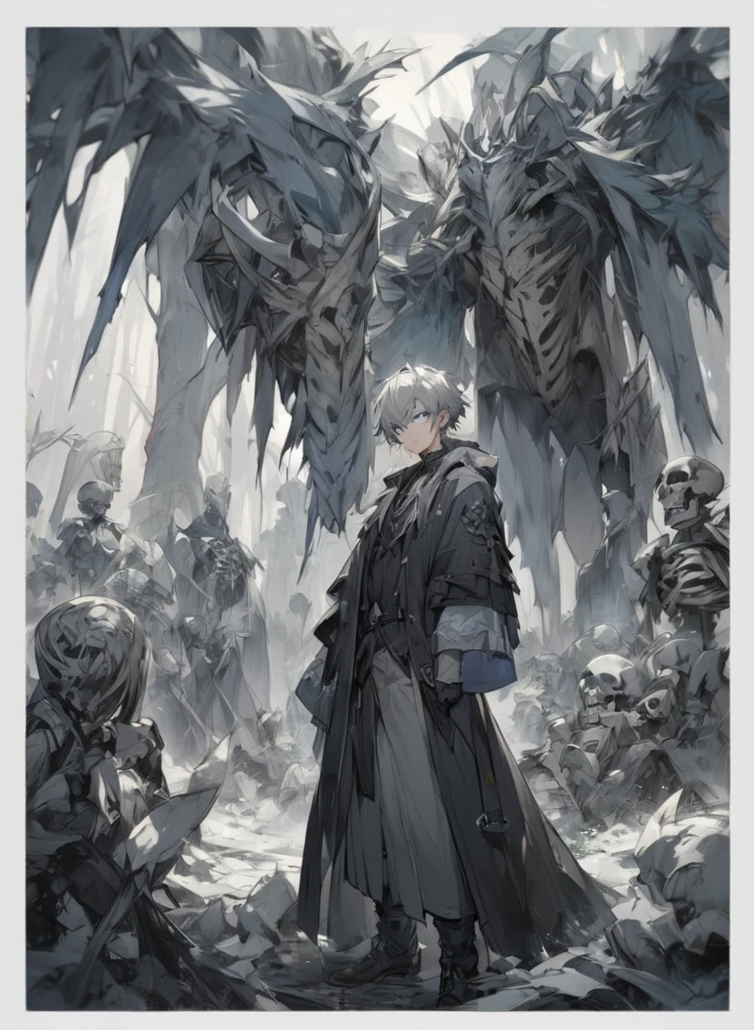 young man ,Male Dark, dark Woods, cold gray colors, man white hair with blue eye, Warlock dnd , Skeleton army in background