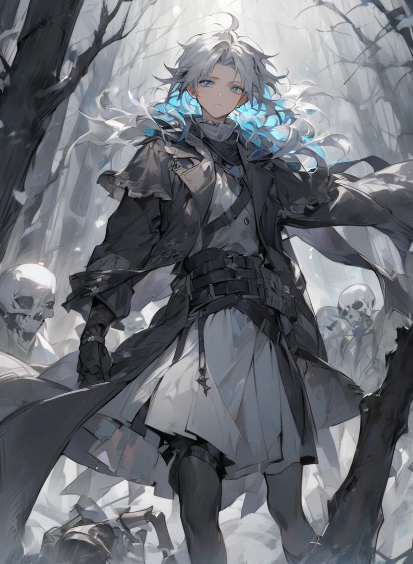 young man ,Male Dark, dark Woods, cold gray colors, man white hair with blue eye, Warlock dnd , Skeleton army in background