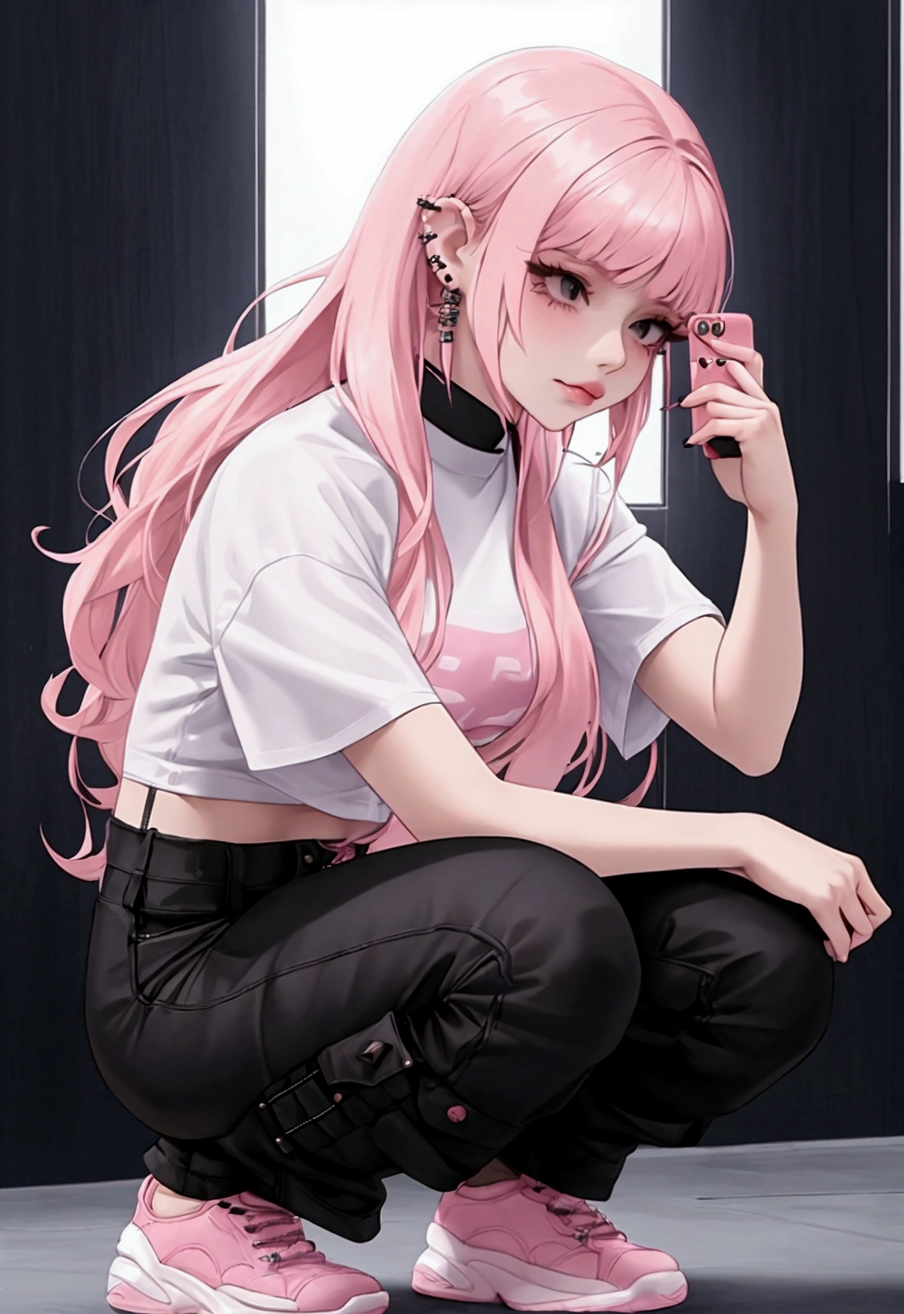 a girl with long pink hair with black eyes and fair skin. wearing a white crop top, long cargo pants, and large shoes. She squatted and put one hand on her chin, the other holding the phone, frowned slightly, and had piercings in her ears and tongue