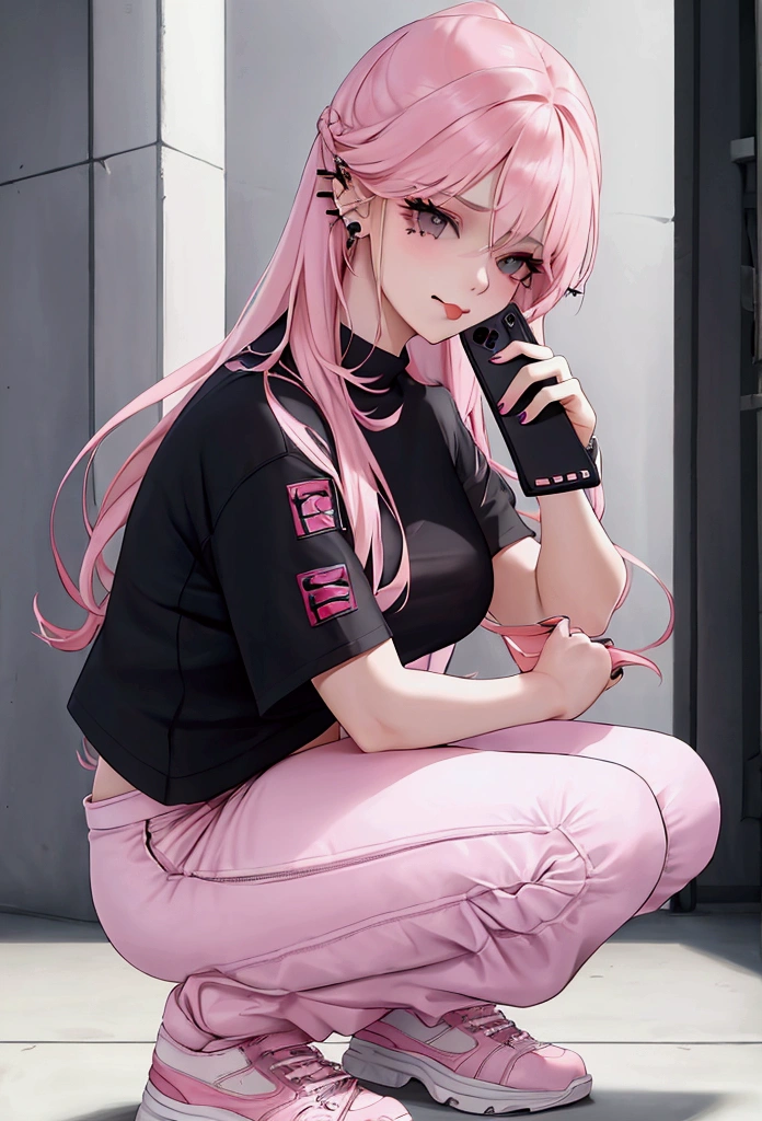 a girl with long pink hair with black eyes and fair skin. wearing a white crop top, long cargo pants, and large shoes. She squatted and put one hand on her chin, the other holding the phone, frowned slightly, and had piercings in her ears and tongue