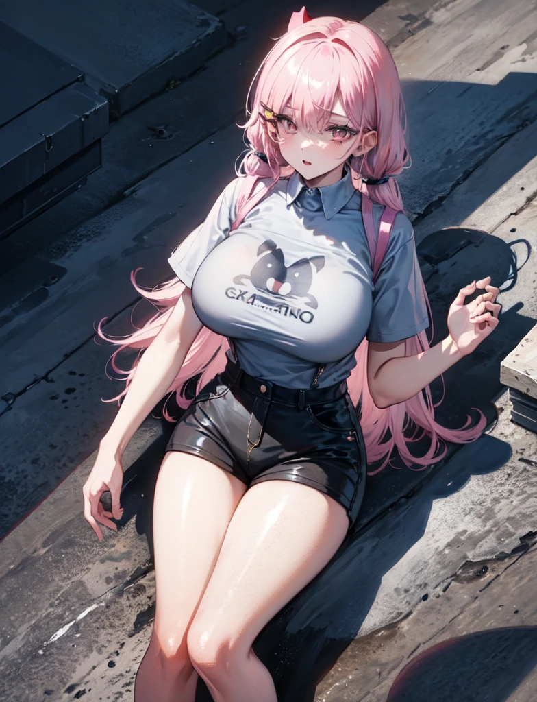 4K, twin tail ,lens flare, pink hair ,Mascara, eyeliner, god ray, 4K, 8k, best quality, masterpiece, hyper detailed, intricate details, 1 woman, alone, detailed, detailed 푸시아 헤어 ++, detailed pink eyes ++, ray tracing, perfect shadow, mackerel, Improved eyes, huge breasts, either, fascinating, hyper detailed, Girl wearing a vintage video game inspired t-shirt, High-waisted shorts, pantyhose
