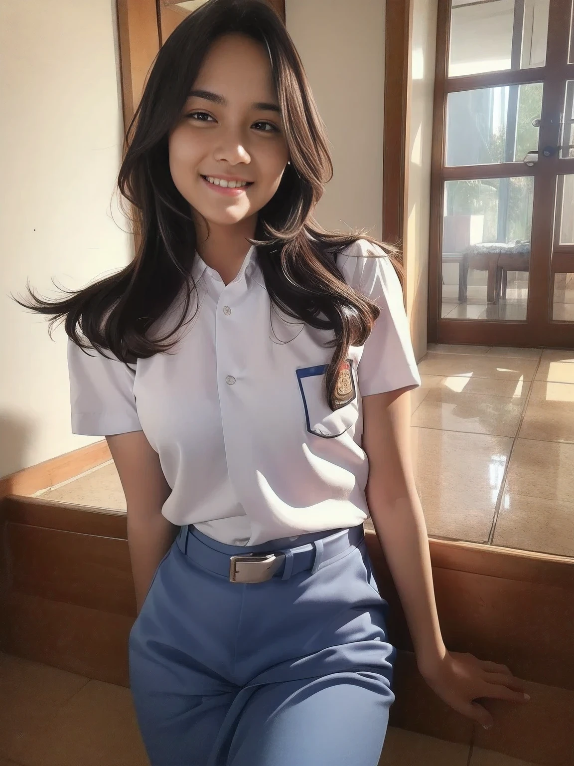 1girl, solo, (Indonesian_high_school_uniform), model pose, Classroom, professional light, detailed face, detailed eyes, seductive smirk, wide view, large breasts, smooth realistic skin, hands behind back, looking at viewers, wearing white shirt, wearing grey blue very short pants, (8k, RAW photo, best quality, masterpiece: 1.2), (realistic, realistic: 1.5), ultra-high resolution