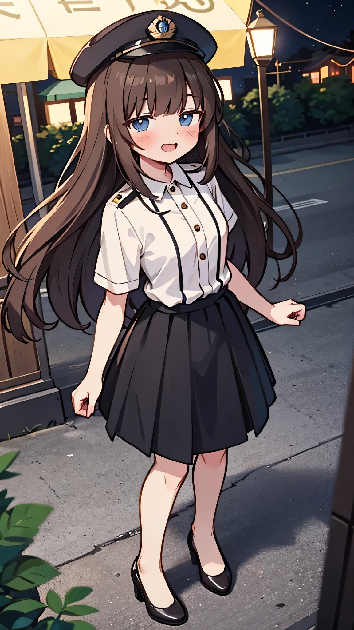 {Highest quality}, {Super beautiful},{Ultra fine},{Best illustration},Brown Hair,Hime cut,semi-long,Bangs,Standing Woman,Uniform cap,White Shirt,Short sleeve,Long black skirt,Night Park,Embarrassed,smilingly,Blushing,Slender women, A woman wearing plain black pumps,Bare feet and pumps,From an angle,From above