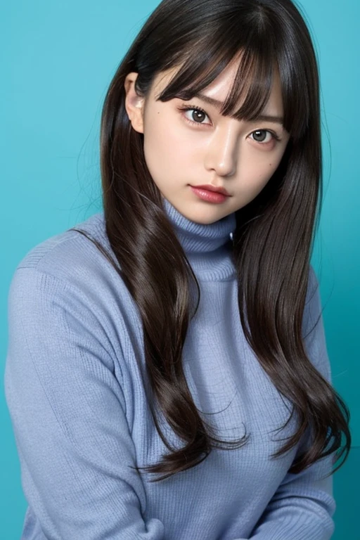 One girl, Tohsaka Rin, alone, Long Hair, sweater, red sweater, View your viewers, Blue background, Black Hair, Simple Background, Both sides up, turtleneck, blue eyes, lips, Mouth closed, ribbon, hair ribbon, bangs, turtleneck sweater, Upper Body, parted bangs, black ribbon, ribbed sweater, Twin tails, droppy big eyes