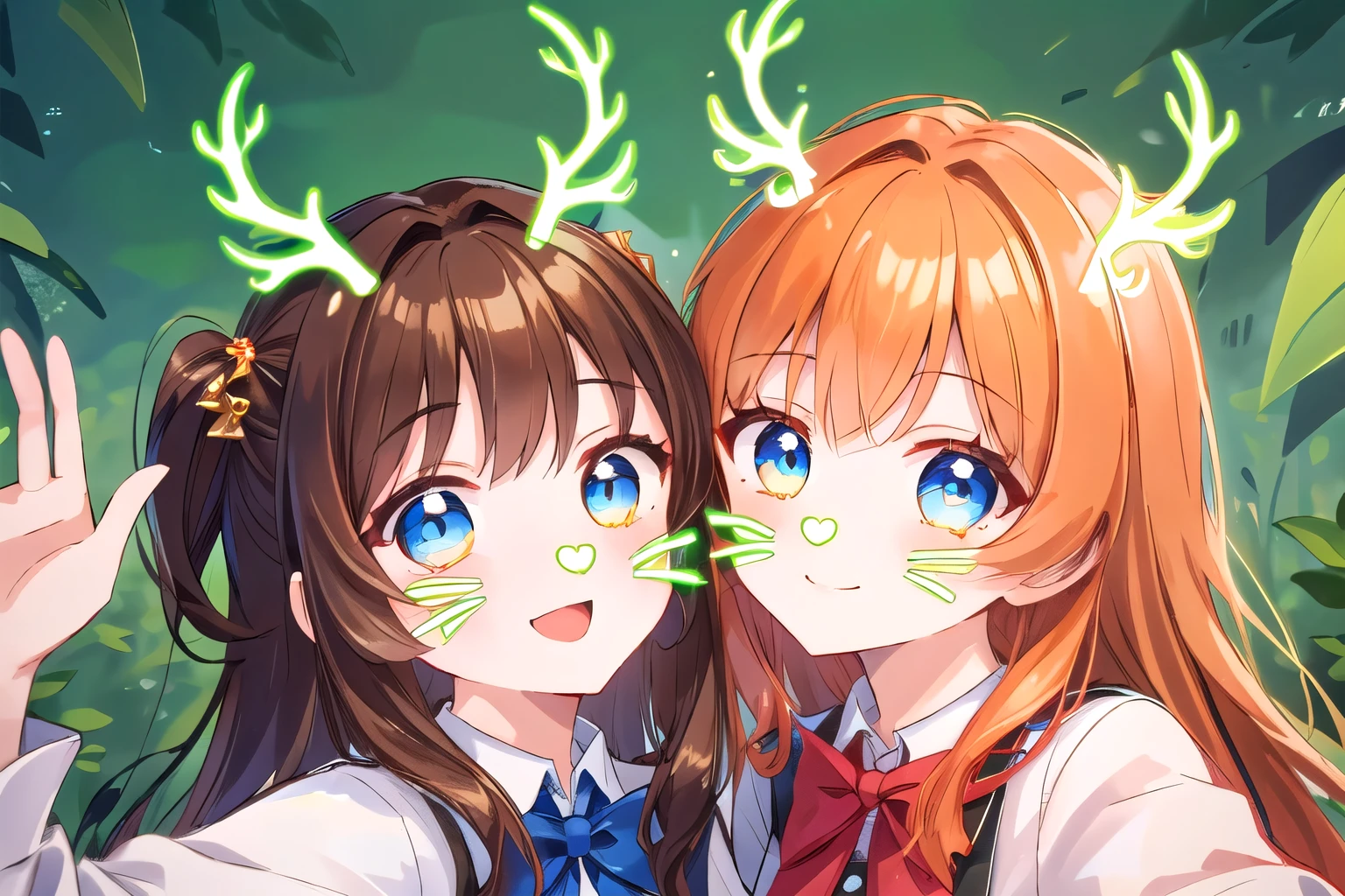 2girl, hires,high resolution, neonfacefilter,( antlersfilter:1.1), whiskersfilter, heartsfilter, green face filter, face filter, dress, shirt, cheek to cheek, smile, upper body, selfie, picture, brown hair, orange hair, blue eyes, park