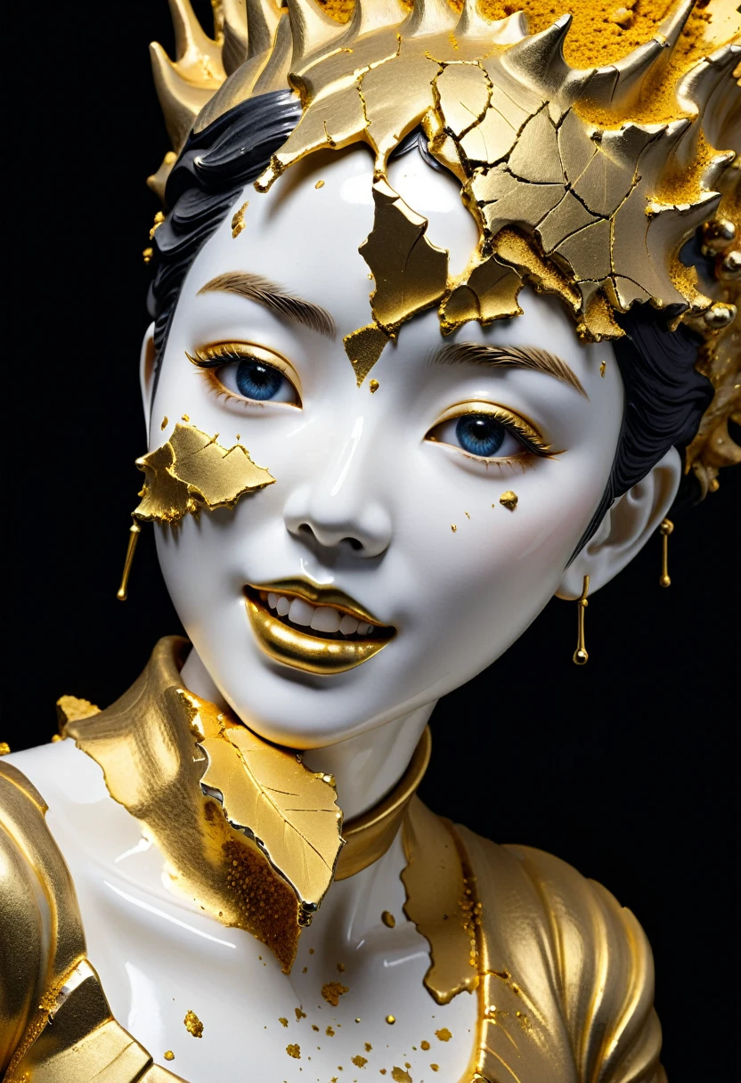 (upper teeth),Perfect eyes,((exhibit,Still Life Table,Artistic statues,3D Sculpture,ceramics,Surface cracks,Shattered Texture)), Show the beauty of nature.Kaneko,Gold Dust,portrait, This artwork is presented on a black background,Emphasize its artistic quality.