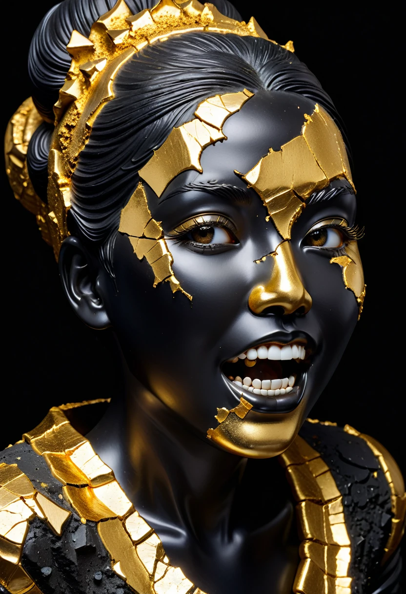 (upper teeth),Perfect eyes,((exhibit,Still Life Table,Artistic statues,3D Sculpture,ceramics,Surface cracks,Shattered Texture)), Show the beauty of nature.Kaneko,Gold Dust,portrait, This artwork is presented on a black background,Emphasize its artistic quality.