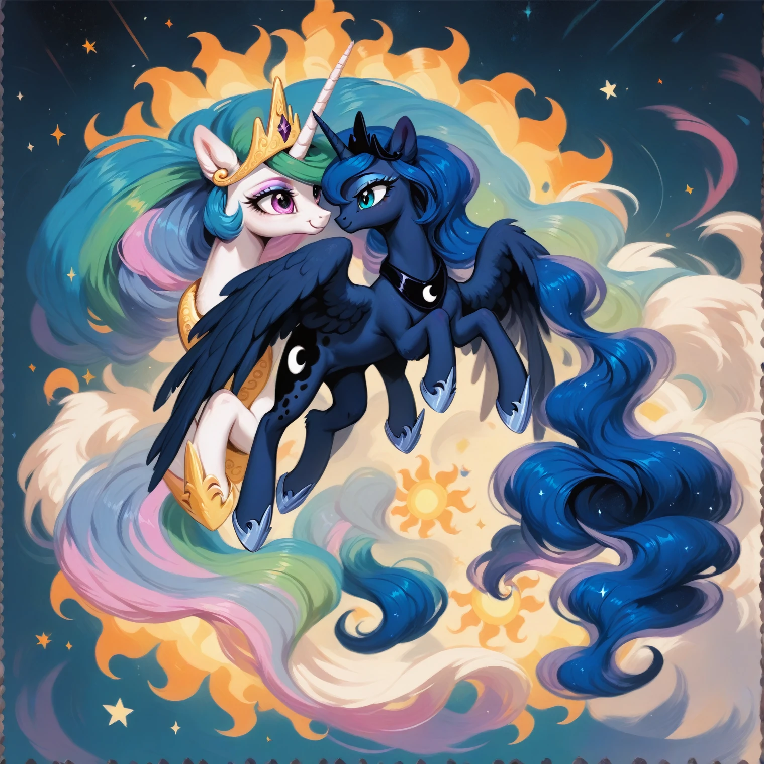 score_9, score_8_up, score_7_up, score_6_up, score_5_up, score_4_up, rating_safe, feral pony, princess luna and Celestia, fluffy ears, smile, beautiful, pretty, eyeshadow, starry eyes, long mane，only 4 legs