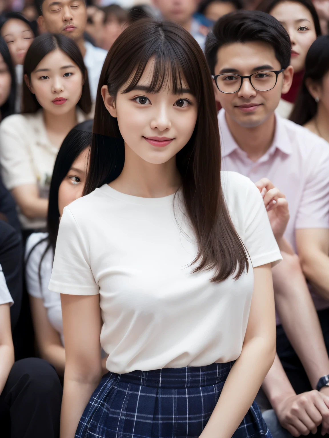 Highly detailed CG Unity 8k wallpaper、Highest quality、Ultra-detailed、masterpiece、Realistic、Photo realistic、A cute girl drawn in great detail、20-year-old、(Skirt rip)、(Roll up the skirt yourself))、White panties、Panty Focus、blush、Lips parted、Looking at the audience、Semi Body Shot、Wearing a ruffled shirt、crowd