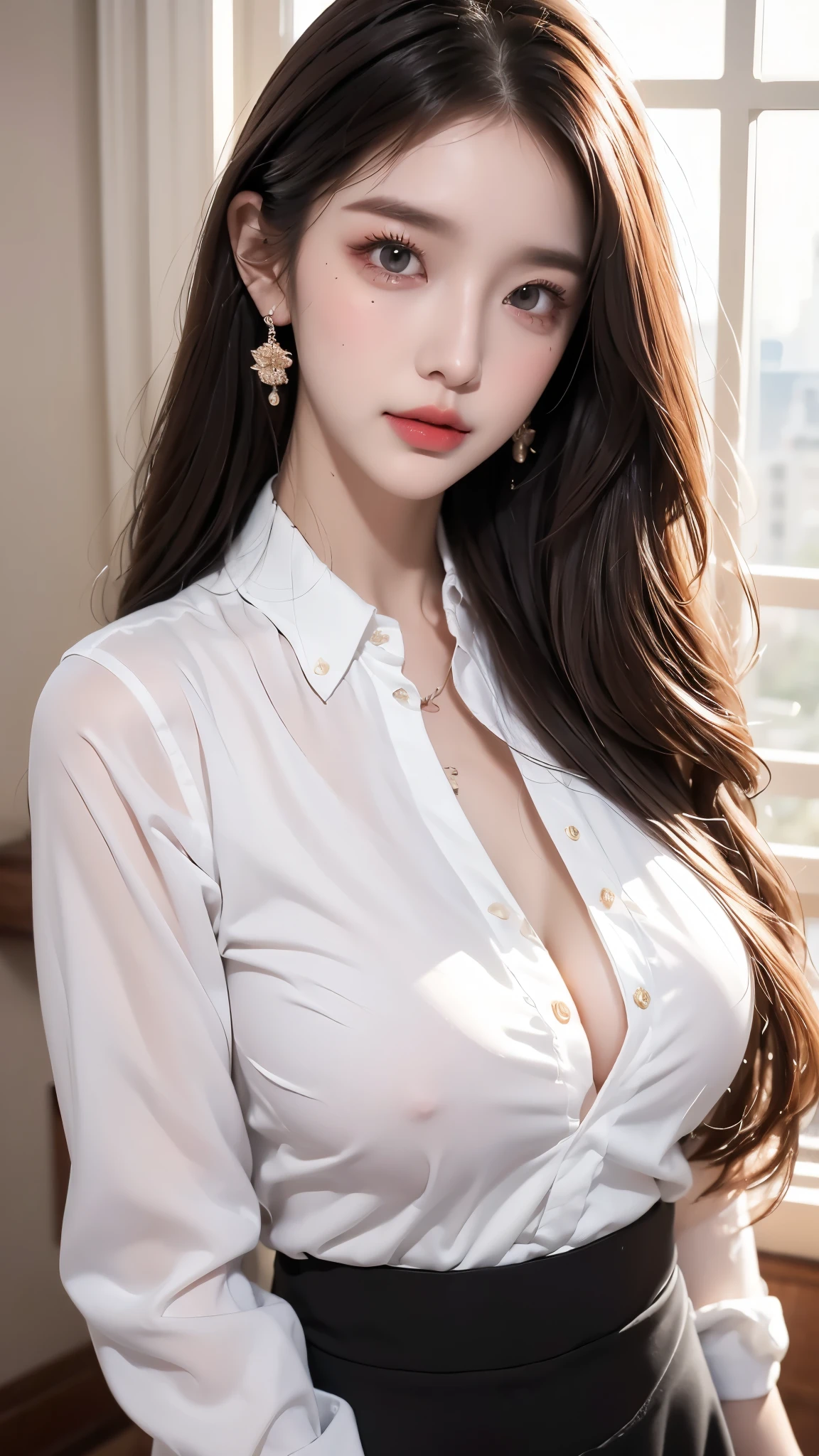 ((Top Best quality, 8k, Masterpiece :1.3)), Sharp focus :1.3, A 18 years old with perfect figure :1.3, Slender abs :1.3, korean , ((K-Pop idols)), 、((fullbody)), high resolution, ((detailed office uniform)), ((detailed white shirt)), ((detailed pantyhose)) ((detailed short skirt)), ((detailed super beautiful face)), ((detailed eyes)), ((The large master garden )), , fair white skin、shiny white skin、(wavy blonde hair)、(()), (the large garden central luxury), Top image quality、ultra-high-resolution、18-year-old Korean、beauty breasts, fair white skin、shiny white skin、bright silver long hair、light white long hair、、Beautiful eyes with random colors、Very thin lipeautiful eyes finely detailed、elongated eyes、pale pink blush、long eyelash、Beautiful double eyelids、eyeshadows、neckless、耳Nipple Ring、 dark brown hair、dark brown hair、Beautiful eyes with random colors、very thin lips, finely detail、elongated eyes、pale pink blush、long eyeslashes、Smilling, Beautiful double eyelid、Lighting that emphasizes beautiful skin、Lustrous skin 2, ((Layered long hair, Beautiful breasts)) , Highly detailed face and skin texture, Detailed eyes, Double eyelid, night city view to window ,