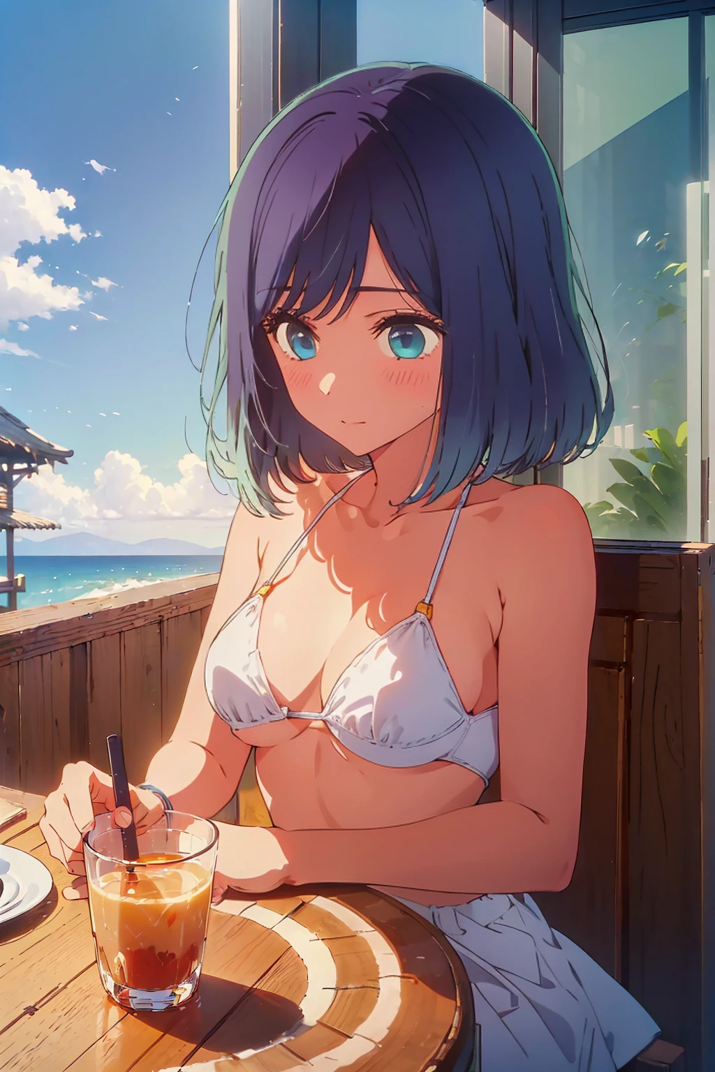 (Highest quality:1.4、masterpiece:1.4、Super detailed:1.4、8k:1.4)、((((1 person、Surprised expression、sit、Indoor cafe terrace、coastal、juice、table、Sandy Beach、juiceのグラスを持つ、Sunset lit beach、Warm rays of the sun、Micro Bikini、Very soft 、Big eyes、Very cute face))))、F cup bust、Medium breast、Underboob