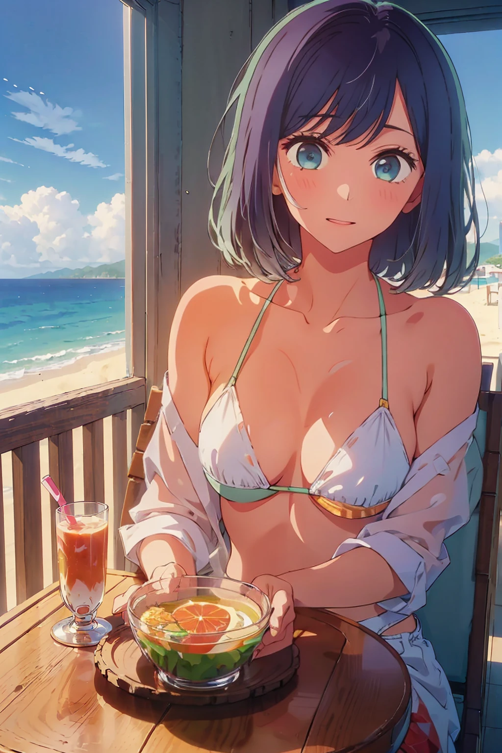 (Highest quality:1.4、masterpiece:1.4、Super detailed:1.4、8k:1.4)、((((1 person、Surprised expression、sit、Indoor cafe terrace、coastal、juice、table、Sandy Beach、juiceのグラスを持つ、Sunset lit beach、Warm rays of the sun、Micro Bikini、Very soft 、Big eyes、Very cute face))))、F cup bust、Medium breast、Underboob