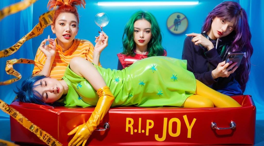 This image depicts a striking and colorful scene involving four characters. At the center, a woman with vibrant blue hair lies inside a red box with the words "R.I.P JOY" written on it. She is dressed in a vivid neon green dress paired with yellow gloves, her relaxed posture and closed eyes suggesting a peaceful or theatrical repose. Surrounding her are three other individuals in dynamic poses and bright outfits, adding layers of narrative or thematic contrast. The background features bold, saturated colors that enhance the visual impact of the scene, creating a surreal and stylized atmosphere. effectively conveying a sense of joy and creativity. аffects render, (glossy plastic texture with multiple big light probe refractions), perfect cgi, smooth silhouette, high intensity refraction, (super glossy plastic material), most beautiful vfx, , realistic, 4k, high resolution, rim light, smooth 3d model, multiple light sources, rim light, sharp post effects render,, realistic, 4k, high resolution, rim light detailed digital art, reflective, best quality, 4k, masterpiece:1.2, ultra-detailed, realistic, vivid colors, The image of the highest quality, ensuring every detail showcased perfectly. It in 4k resolution, allowing viewers to immerse themselves in the richness of the colors and intricate details. The realistic rendering. under the spotlight, reflecting, high-resolution image, realistic rendering