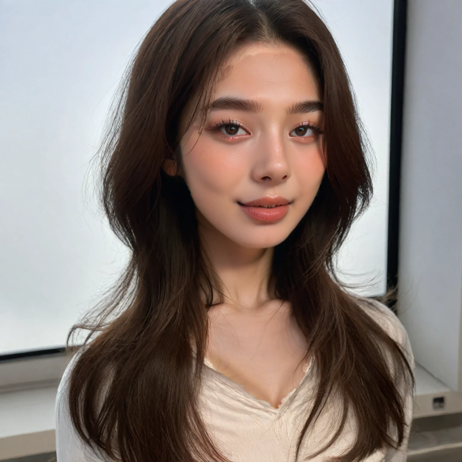 Best Quality, 8k, Masterpiece, (Portrait: 1.3), (photo realistic:1.4), (hyper realistic:1.4), Sharp Focus, looking at viewer, (smoother lighting:1.1), (increase cinematic lighting quality:0.9), realistic lighting, backlighting, light on face, ray trace, (brightening light:1.2), (Increase quality:1.4), sharp detail, (best quality real texture skin:1.4), finely detailed eyes, black_eyes, finely detailed face, 25 year old Korean woman