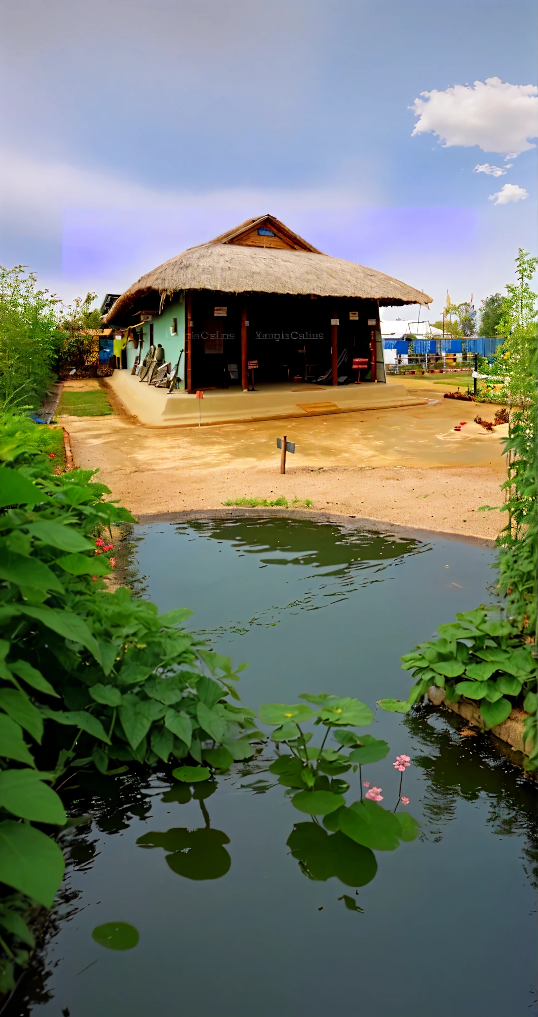 Vegetable garden, pond, beautiful sky, cloudy season
