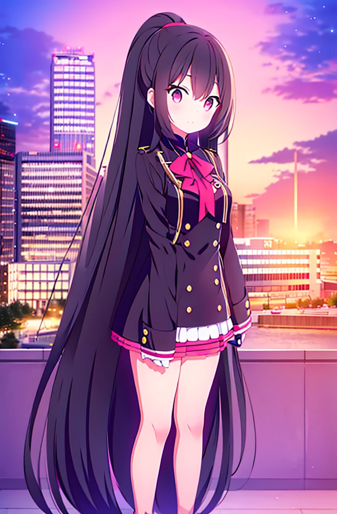 hair length about 5 meters girl long_hair black_hair tall black_uniform highschool 1girl high ponytail super long hair long hair