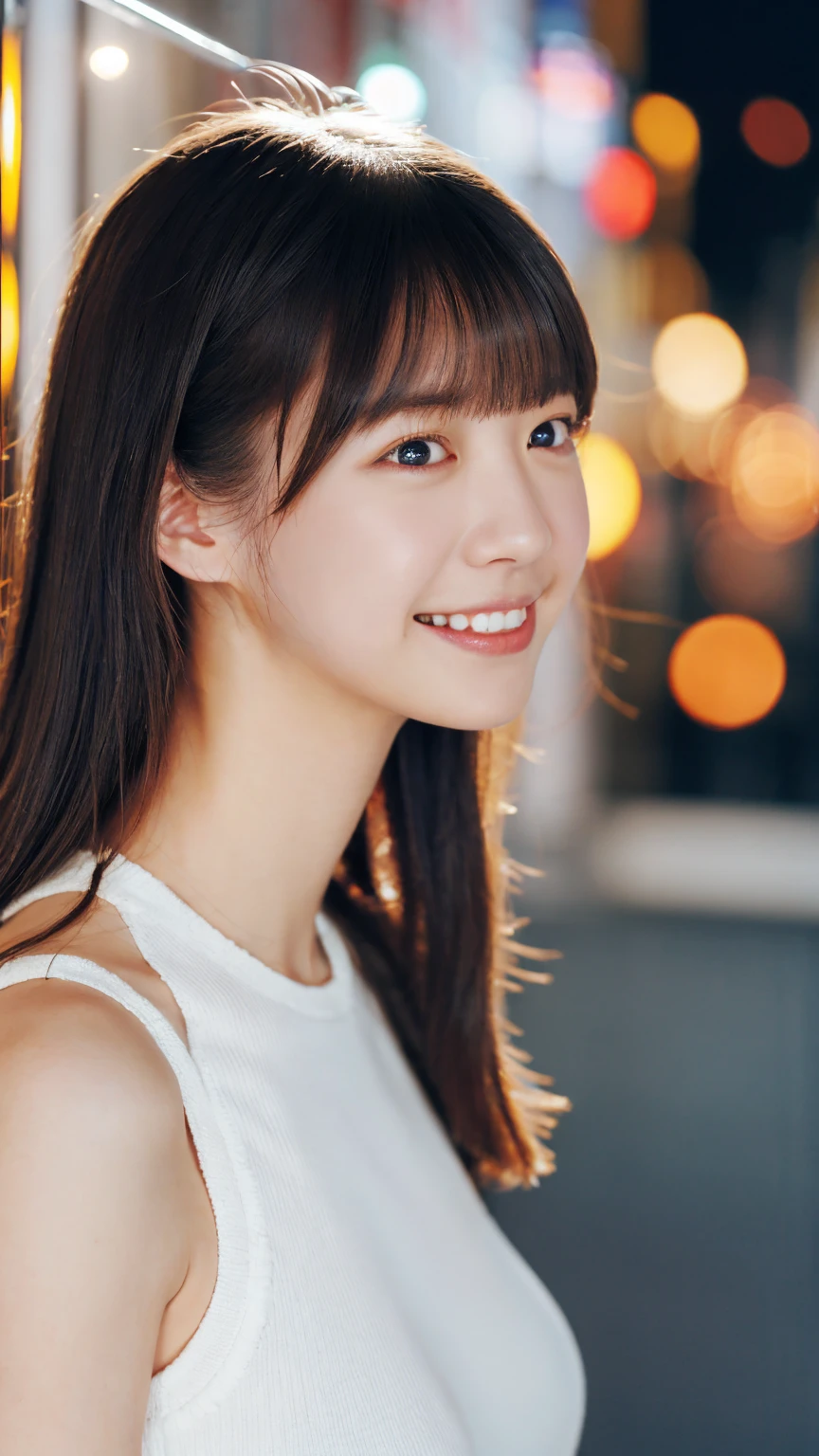 1girl,(wearing a knit neck tanktop),(RAW photo, best quality), (realistic, photo-realistic:1.4), masterpiece, an extremely delicate and beautiful, extremely detailed, 2k wallpaper, Amazing, finely detail, extremely detailed CG unity 8k wallpaper, ultra-detailed, highres, soft light, beautiful detailed girl, extremely detailed eyes and face, beautiful detailed nose, beautiful detailed eyes,cinematic lighting,city lights at night,perfect anatomy,slender body,light smile,close up,(long hair with bangs), big breast size, potrait, side view