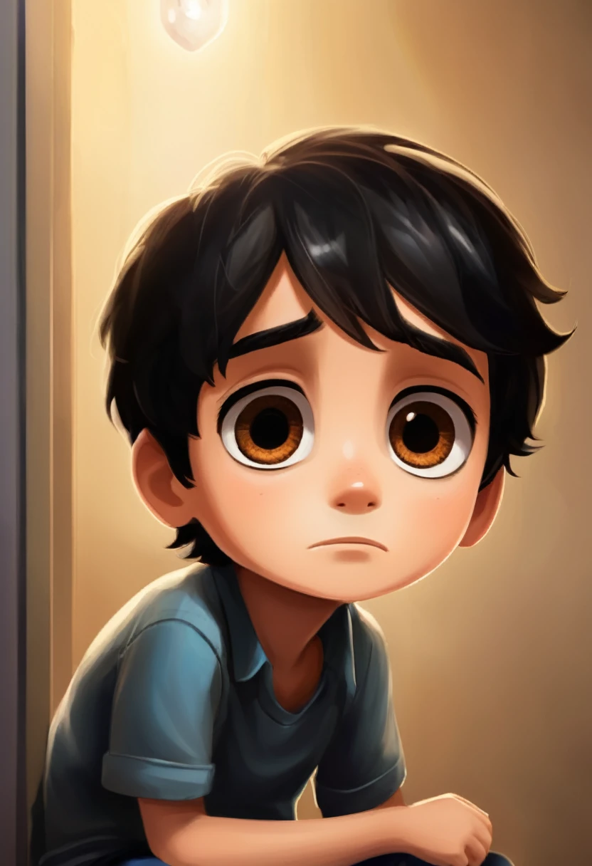 Make a picture of a seven year old boy with dark black hair and brown eyes, sitting in a corner sad or crying