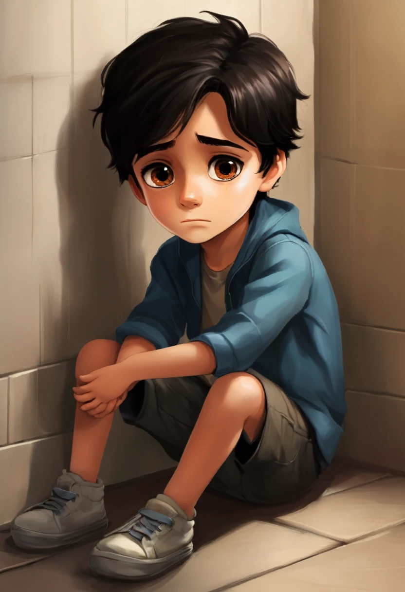 Make a picture of a seven year old boy with dark black hair and brown eyes, sitting in a corner sad or crying