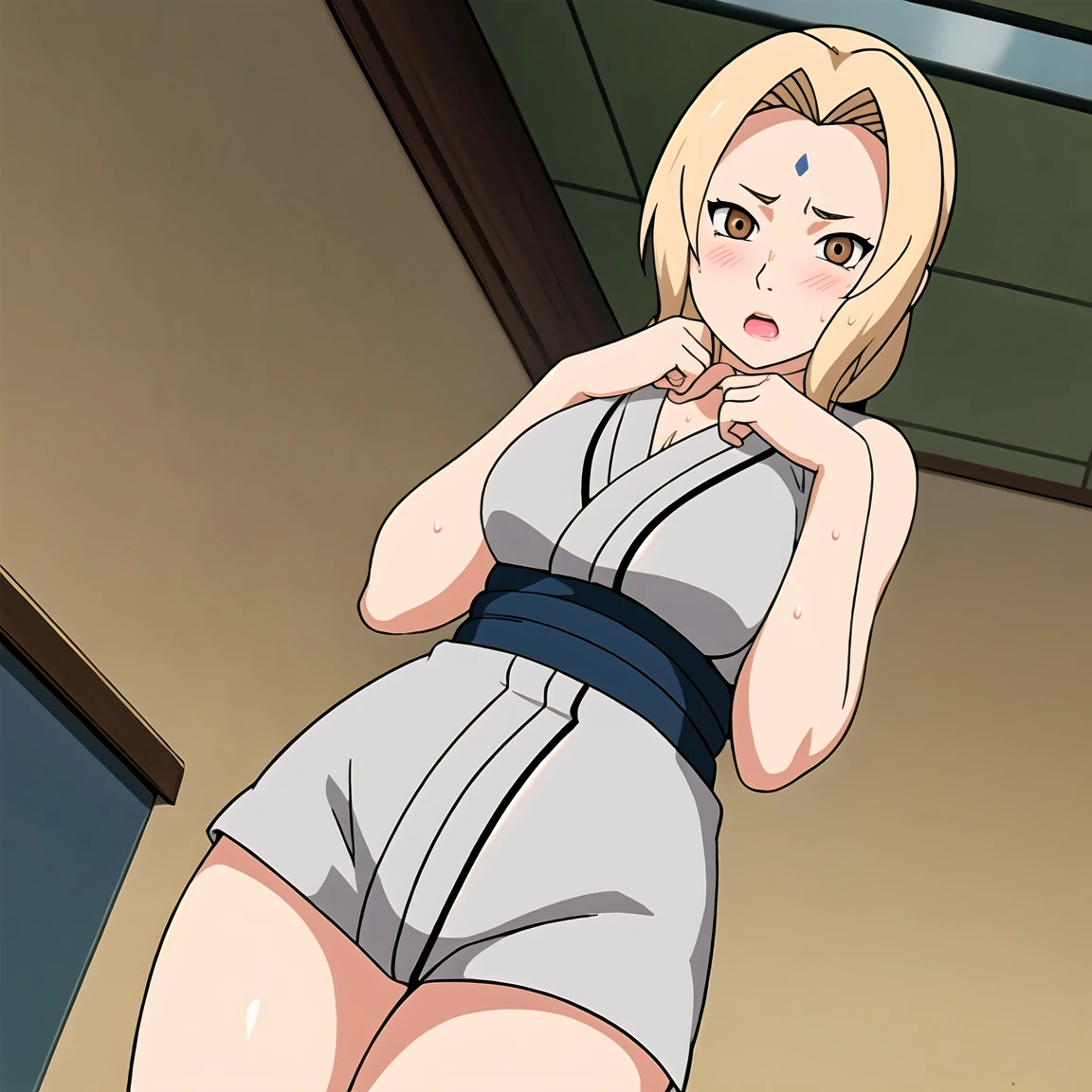 Tsunade , Brown eyes , Blonde Hair , Forehead Mark , (8K, RAW photos, best quality, masterpiece:1.2), (Intricate details), Perfect eyes, Perfect face, Perfect lighting, beautiful, (masterpiece:1.2), (best quality:1.2), 1 Girl, White shirt , Denim shorts ,  ,aldult，25 years old，（Vision（blush，nervous，Vision，classroom，bookshelf，Standing，））masterpiece， absurd ， （Intricate details）， （Colorful）， light， Extremely detailed CG unity 8k wallpaper ，1 Girl， solo，（shy，classroom，night，blush，nervous，Sweating，蕾丝dress， ），sweat，blush，blush1.5，Blush，Medium chest，（（dress，Black stockings，）），（dress，Standing，Uncomfortable expression，Mouth open，spit）