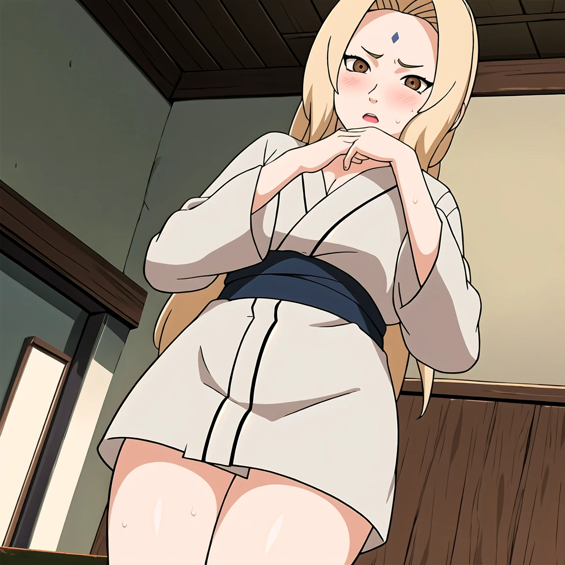 Tsunade , Brown eyes , Blonde Hair , Forehead Mark , (8K, RAW photos, best quality, masterpiece:1.2), (Intricate details), Perfect eyes, Perfect face, Perfect lighting, beautiful, (masterpiece:1.2), (best quality:1.2), 1 Girl, White shirt , Denim shorts , ,aldult,25 years old,(Vision(blush,nervous,Vision,classroom,bookshelf,Standing,))masterpiece, absurd , (Intricate details), (Colorful), light, Extremely detailed CG unity 8k wallpaper ,1 Girl, solo,(shy,classroom,night,blush,nervous,Sweating,蕾丝dress, ),sweat,blush,blush1.5,Blush,Medium chest,((dress,Black stockings,)),(dress,Standing,Uncomfortable expression,Mouth open,spit)