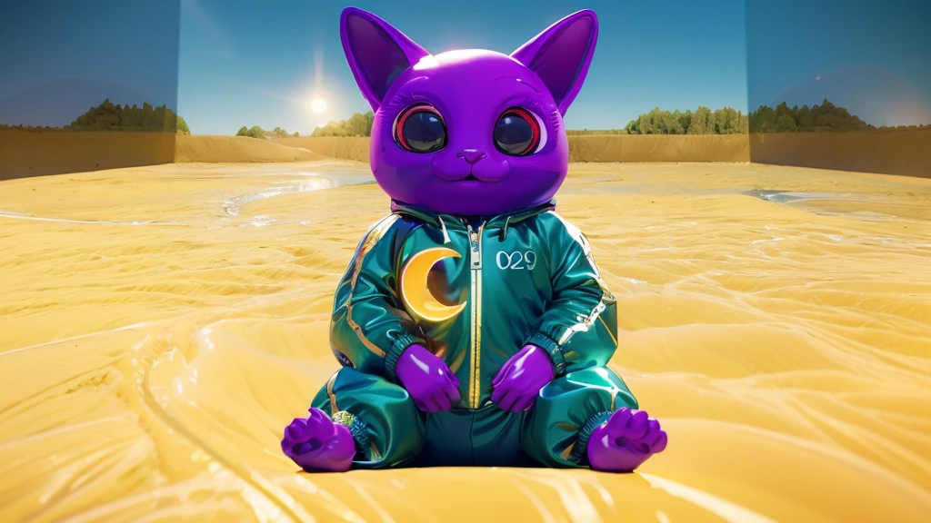 This image shows a purple cat wearing a green jacket with a yellow crescent moon on it.3d render, glossy texture, smooth 3d model, multiple light sources, rim light, sharp post effects render, (glossy plastic texture with multiple big light probe refractions), perfect cgi, smooth silhouette, high intensity refraction, (super glossy material), most beautiful vfx , blue background, plastic refractions, realistic, 4k, high resolution, rim light, photo shoot, commercial photo, profile shot, 4k, rim light, high resolution, 4k, glossy texture, smooth 3d model, multiple light sources, rim light, sharp post effects render, (glossy metallic texture with multiple big light probe refractions), perfect cgi, cgi art created only with gradients, smooth silhouette, high intensity refraction, (super glossy chrome material), most beautiful vfx, blue background, chrome metal refractions, multiple light sources, rim light, sharp post effects render, perfect cgi, digital art, detailed digital art, reflective, best quality, 4k, masterpiece:1.2, ultra-detailed, realistic, vivid colors, dark and moody lighting, The image of the highest quality, ensuring every detail is showcased perfectly. It in 4k resolution, allowing viewers to immerse themselves in the richness of the colors and intricate details. The realistic rendering. under the spotlight, reflecting, high-resolution image, realistic rendering, dark background, and rim light photorealistic The image features three characters standing in front of three houses. The characters are a red-haired mermaid, a purple cat, and an orange dog. They are each holding a yellow maraca