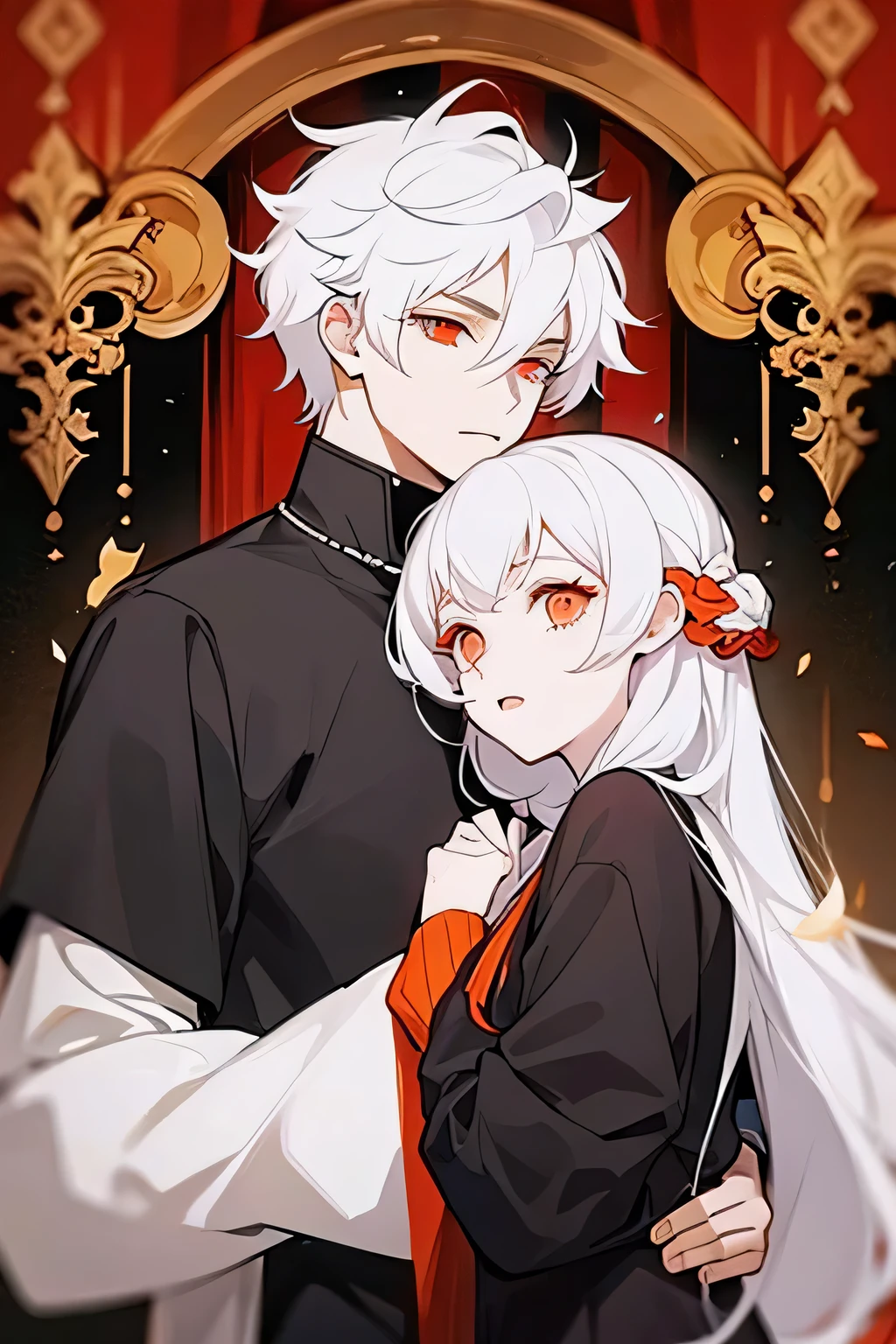 Boy with white hair and red eyes, Embrace, White-haired girl with orange eyes, elegant, In the medieval room,
