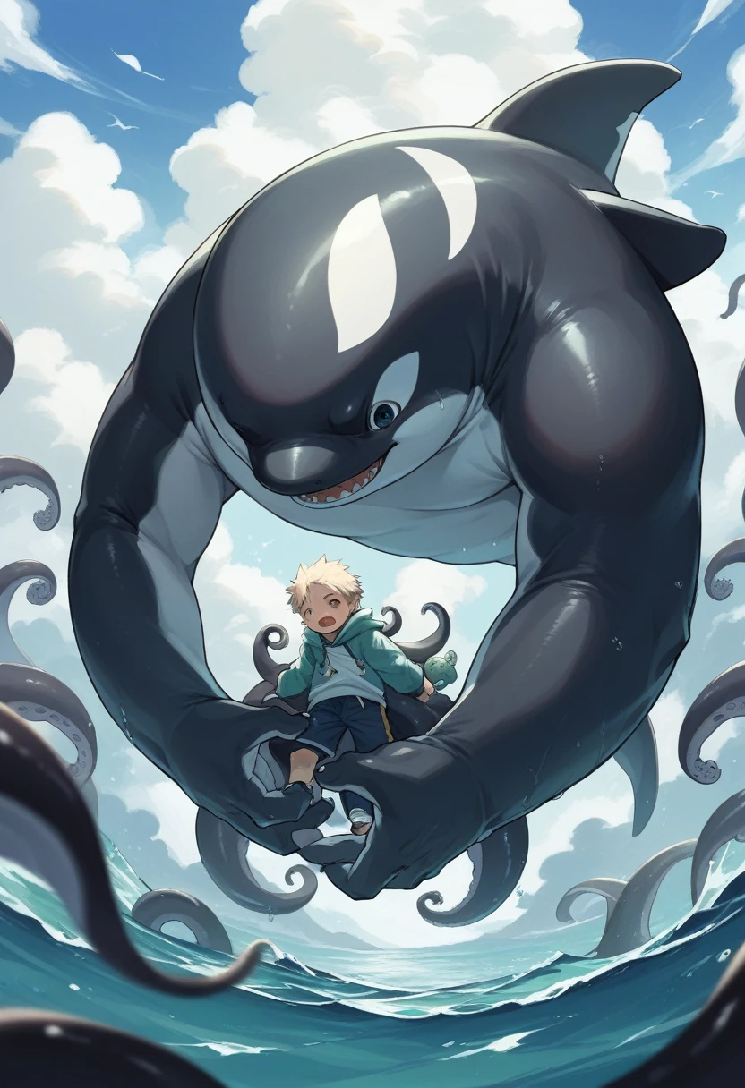a large octopus, a orca-like kemono creature, a young surfer, black tentacles, a stormy sea, a clear sky
