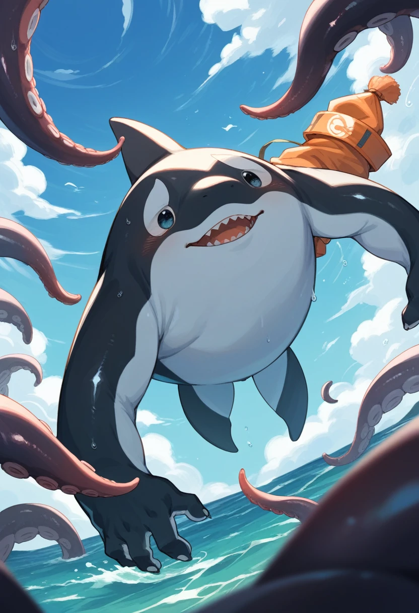 a large octopus, a orca-like kemono creature, a young surfer, black tentacles, a stormy sea, a clear sky