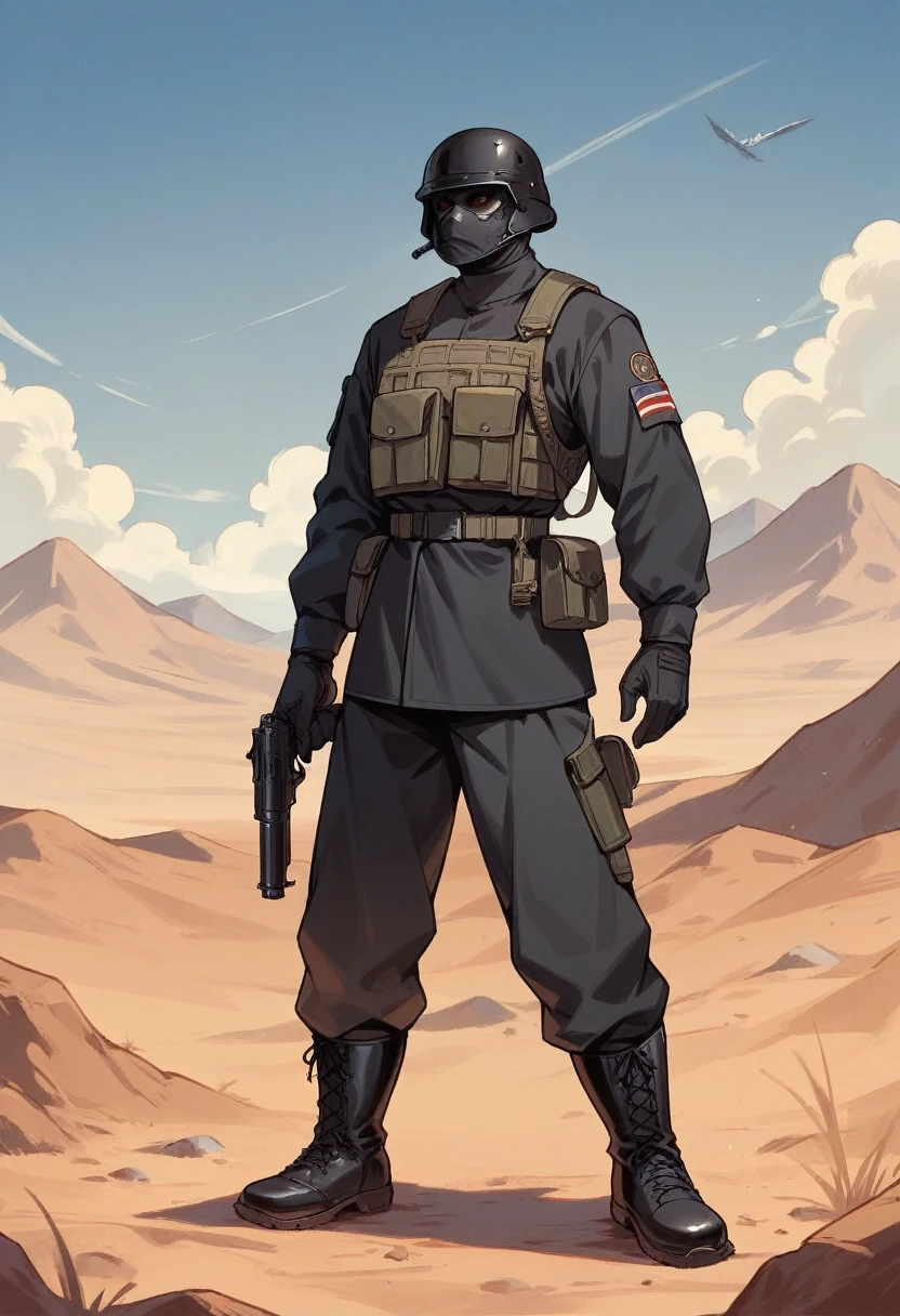 Male modern soldier, black armour, black helmet and mask, black long boots, desert, gun, black clothes, thin waist, black accessories, total black everything