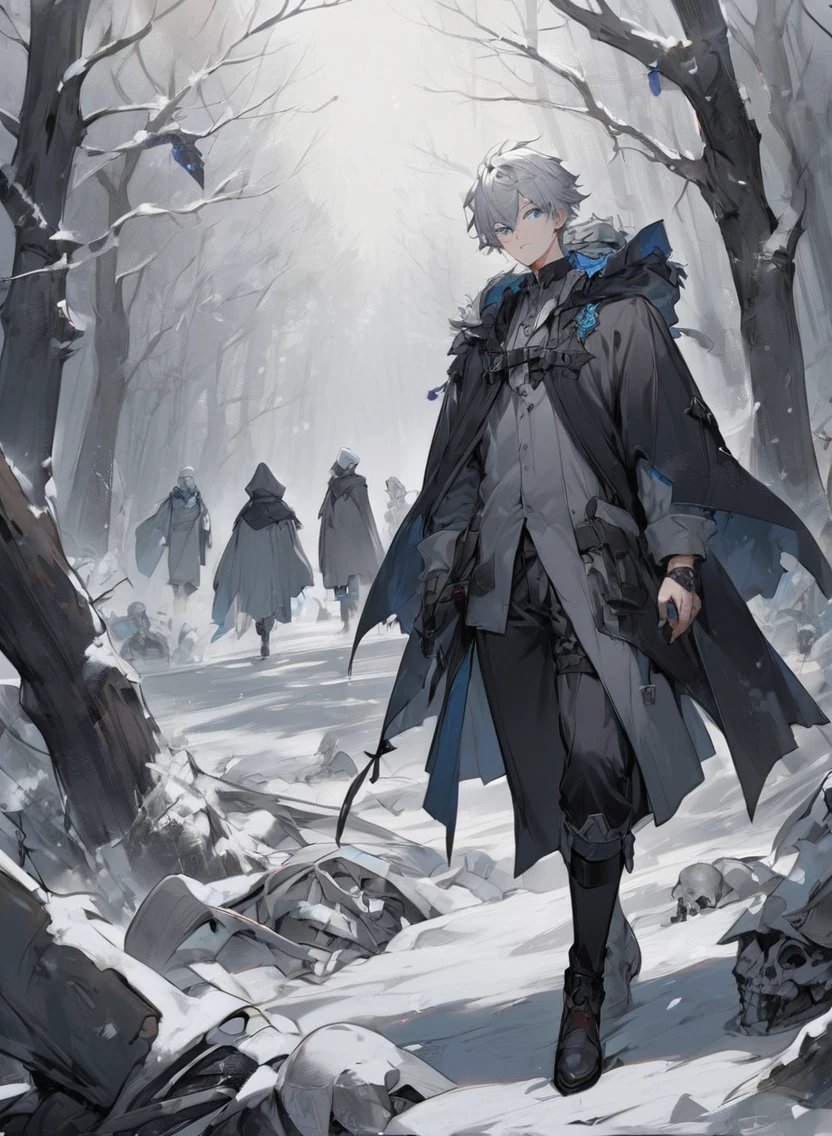 young man ,Male Dark, dark Woods, cold colors, man white hair with blue eye, Warlock dnd , Skeleton army in background