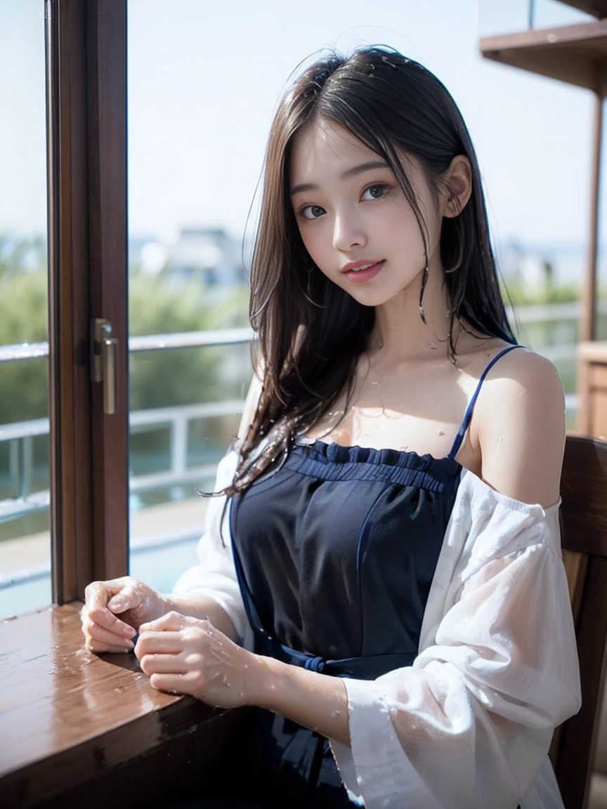 ((１people))、((The girl&#39;s figure is reflected on the water surface))、Tabletop, Highest quality, figure, Super detailed, In detail, High resolution, 8k wallpaper, Perfect dynamic composition, Beautiful attention to detail, Natural Lip ,Cleavage, whole body, See-through:1.5 、((Beautiful cobalt blue sea:1.5))、reflected  、Bottomless Nude、NSFW 、Poses that accentuate beautiful legs: 2.0 、barefoot、前が開いてヘソが見える白いSee-throughのワンピース、I can see the vagina、A 12-year-old with a cute smile、Big Breasts、Delicate slender body、白いオフショルダーのSee-throughのブラトップ、Lower body nude、Nipples are visible、I can see the vagina、barefoot、Off-shoulder camisole、Glowing SkinのLittle Girl、Nipples are visible、Glowing Skin、Sweat、Wet skin、My vagina is wet and open、、Innocent 12 year old girl、Beautiful girl with a well-groomed face、Big Eyes、Well-formed eyes、The best gravure idolasterpiece、High resolution、Beautiful girl with a cute smile、A beautiful girl with an innocent face、Tear bags: 1.5 、Smile、Big Breasts: 2.0 、Double eyelids、((A girl reflected on the water surface:1.5))、Reflected in water、