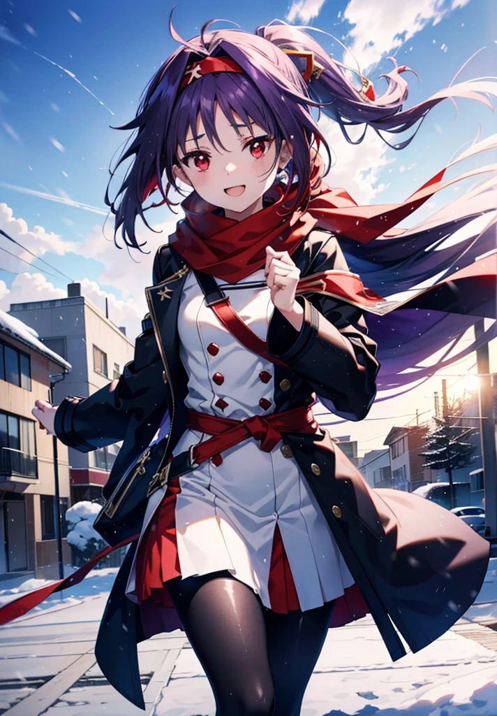 yuukikonno, Konno Yuuki, Long Hair, Pointed Ears, Purple Hair, (Red eyes:1.5), (Small breasts:1.2), Open your mouth,happy smile, smile, Open your mouth,hair band,low ponytail,Red Scarf,Purple long coat,V-neck sweater,Long skirt,Black pantyhose,short boots,snowが降っている,snowが降り積もっている,snow,snow,snow,snow,winter,Cold night,Walking,whole bodyがイラストに入るように,Looking down from above,
break looking at viewer, whole body,
break outdoors, In town,
break (masterpiece:1.2), Highest quality, High resolution, unity 8k wallpaper, (figure:0.8), (Beautiful attention to detail:1.6), Highly detailed face, Perfect lighting, Highly detailed CG, (Perfect hands, Perfect Anatomy),
