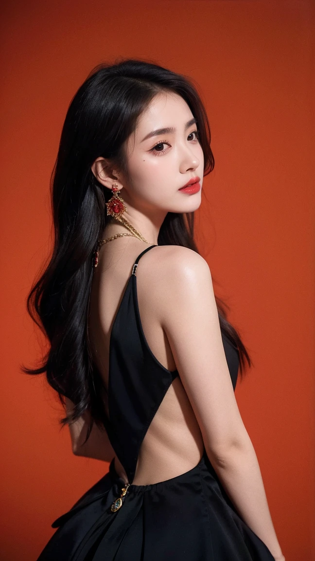 Ultra HD resolution，artistic photos，Photography，21yo girl,earrings,long hair,Red background,Black backless dress,necklace,cowboy shot,