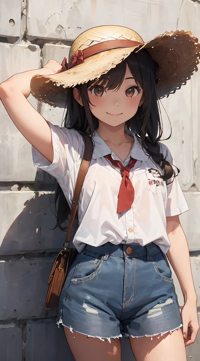 masterpiece, Highest quality, High resolution, Very detailed,(((Multiple Girls))), (((Three Girls)))、(((Straw hat。)))、(((smile)))、(((Concrete wall background)))、skirt, Shorts, Plants