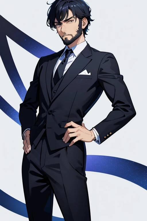 One Gentleman、Handsome man、Small beard、solo、cowboy shot、A photo showing your body from your thighs to the top of your head、Front facing、Standing facing forward、Standing facing the camera、Black Hair、Short Hair、Iris、Bangs parted 7:3、Glaring expression、Black business suit、Blue tie、White background