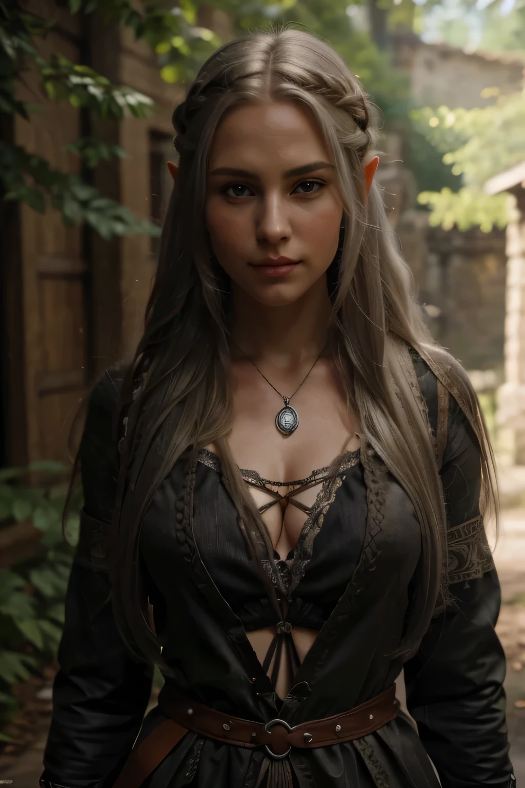 a close up of a woman with long white blonde hair and a necklace, silver hair, blonde hair, a character portrait inspired by Valéria Dénes, trending on cg society, renaissance, blonde lara croft medieval, portrait ezio auditore as female, ealistic shaded perfect face, female character, elf long weaving blonde hair with few grey hair strings, grey hair strings, old hair, realistic restored face, elven character with smirk, accurate skin textures, dark messiah, xana, forest, outdoors, light eyes, blue eyes