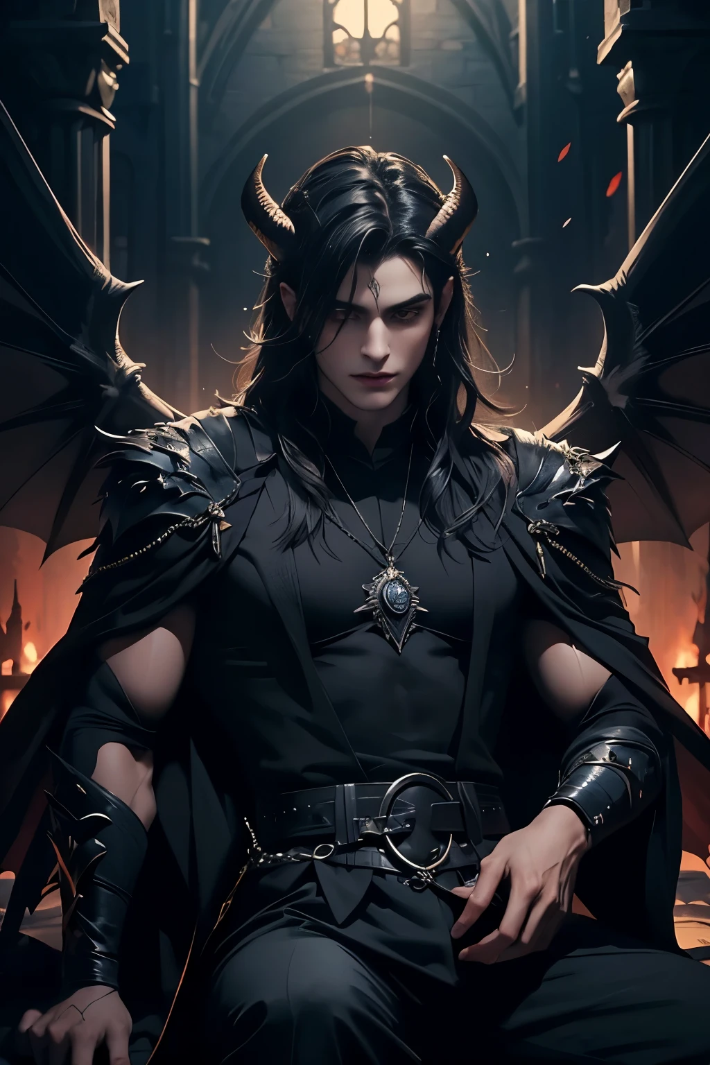 ((Best quality)), ((masterpiece)), 8k (detailed), ((perfect face)), perfect proporcions, ((halfbody)) he is a sorcerer, he is 18 years old, he dresses in a wizard's robe, gothic style, he has orange eyes, he has long wavy black hair, he is in a witcher's hut, he is strong and muscular, he has the bare torso, he is a demon ((perfect face)) sexy male, gothic make up ((fullfbody)) two man, black hair, he has demon wings, he has black horns, horns, demon