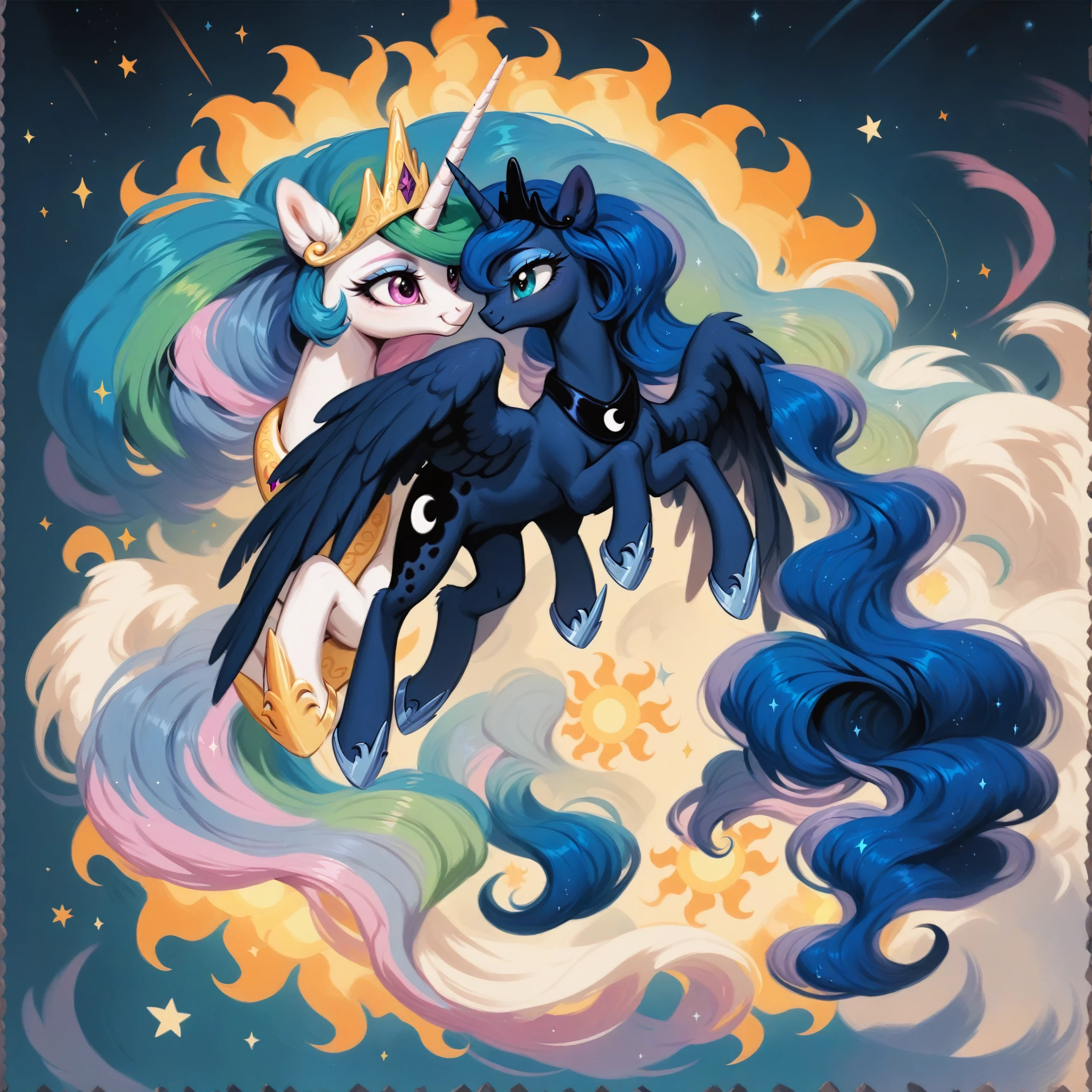 score_9, score_8_up, score_7_up, score_6_up, score_5_up, score_4_up, rating_safe, feral pony, princess luna and Celestia, fluffy ears, smile, beautiful, pretty, eyeshadow, starry eyes, long mane,only 4 legs