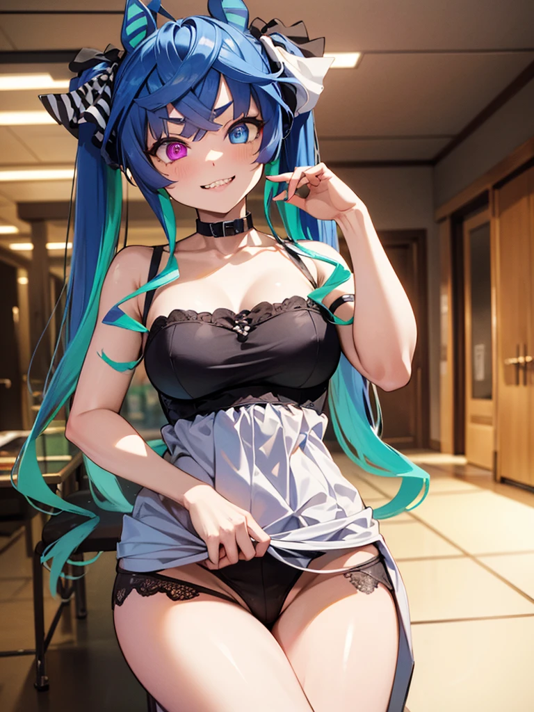 (Masterpiece, best quality, high res、highly detailed cg: 1), Create an image of a prostitute seductively displaying her body to a client in an indoor setting where they are alone. The perspective should be from the client’s point of view, looking at the prostitute. The prostitute should have a short stature, around 150 cm, and should be depicted with a seductive expression and an alluring physique. The environment should be intimate, emphasizing the private interaction between the two. Twin_Turbo_Umamusume, aqua hair, twintails, heterochromia, purple eyes, blue eyes, sharp teeth,hores tails, nsfw, smile