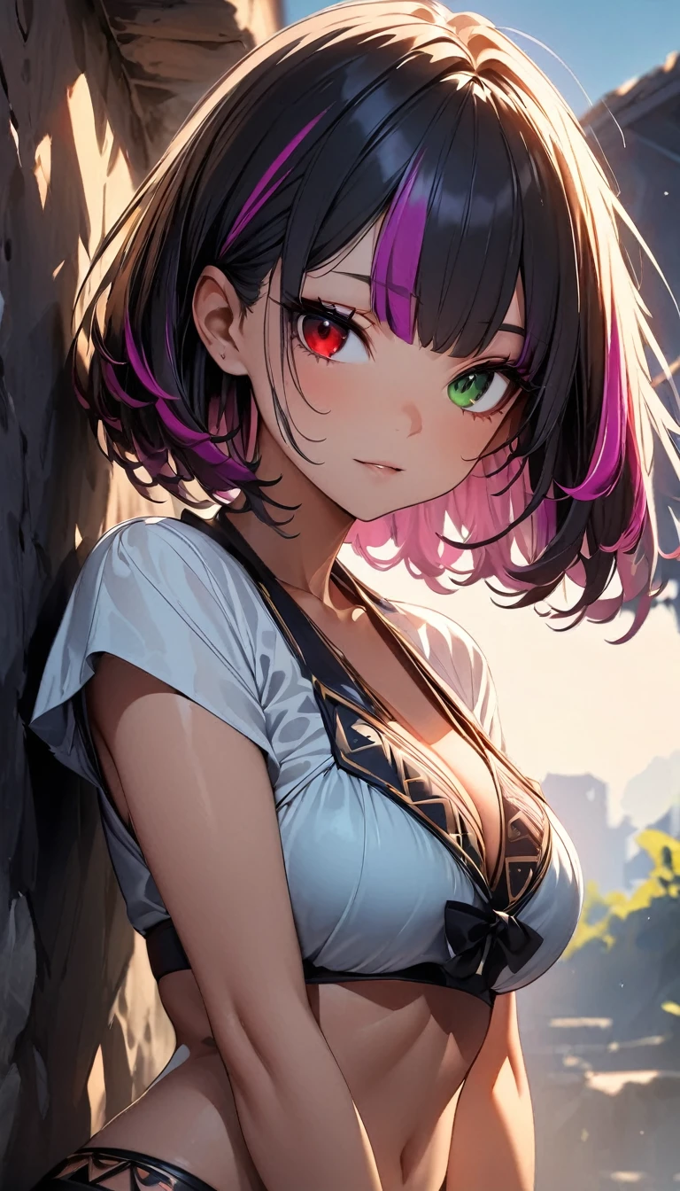 (highest quality:1.2, Very detailed, up to date, Vibrant, Ultra-high resolution, High Contrast, masterpiece:1.2, highest quality, Best aesthetics), Portraiture、girl、20-years-old, slim, , heterrochromia, green eye, red eye, Bright colors、Beautiful fine details、Beautiful lip detail、extra short hair, ((bob cut:1.5))、pink and purple ((streaked hair:1.9)), (highlights hair: 1.6), ((medium breast:1.4), (tan skin:0.7), (Aztec-inspired-bikini:1.4), beautiful beach, day, (sun shine), blue sky、Resolute expression、((cowboy shot:1.6))