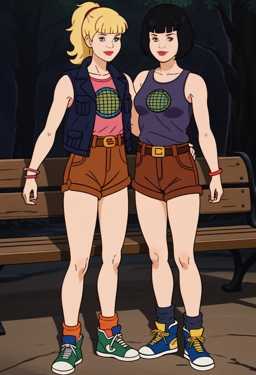 score_9, score_8, score_7, score_8_up, score_7_up, score_6_up, 2girls, (((xgix,black hair,bob cut,blunt bangs,brown eyes,lipstick,bracelet, tank top, belt,brown shorts, small breasts))), (((xlinkax, blonde hair, ponytail, blue eyes, medium breasts,brown shorts, belt, tank top, socks, sneakers))), standing, by wooden bench, light smile, front view , sunshine, hugging, looking on viewer,