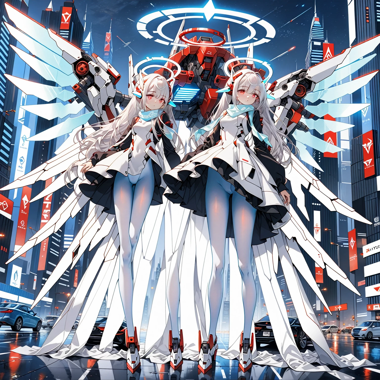 masterpiece, highest quality, highest resolution, clear_image, detailed details, white hair, long hair, 1 girl, car ears, red eyes, futuristic wings, futuristic halo, white sci fi mecha dress, white scarf (around the neck withn a light blue glow), white pantyhose, full body, no water marks, city
