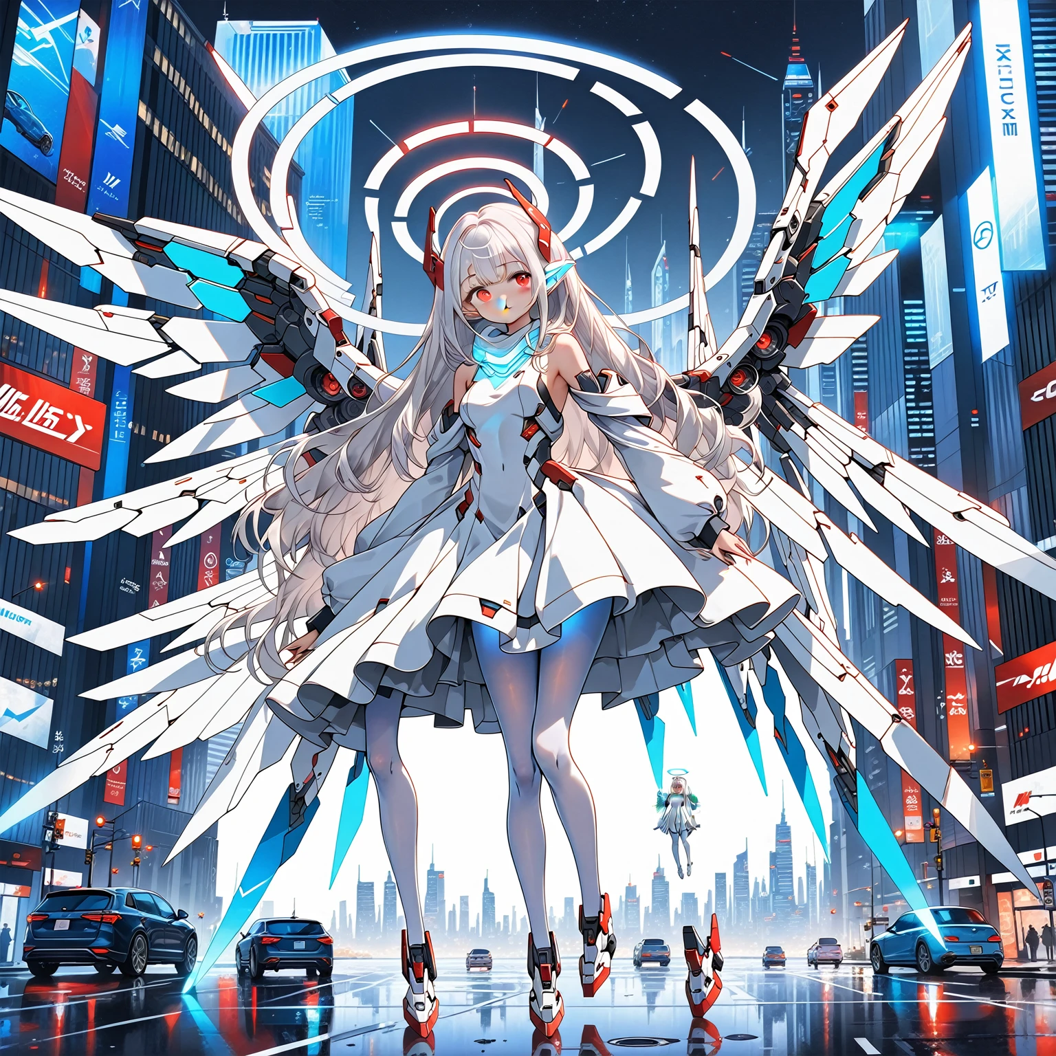 masterpiece, highest quality, highest resolution, clear_image, detailed details, white hair, long hair, 1 girl, car ears, red eyes, futuristic wings, futuristic halo, white sci fi mecha dress, white scarf (around the neck withn a light blue glow), white pantyhose, full body, no water marks, city