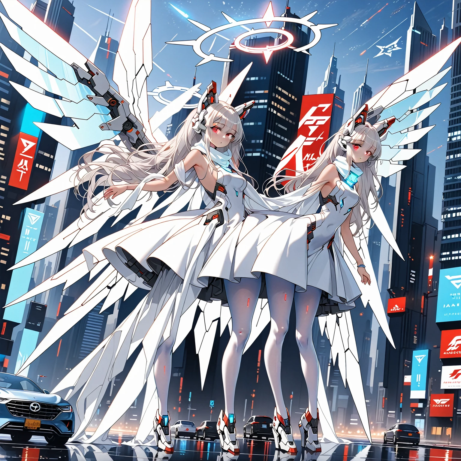 masterpiece, highest quality, highest resolution, clear_image, detailed details, white hair, long hair, 1 girl, car ears, red eyes, futuristic wings, futuristic halo, white sci fi mecha dress, white scarf (around the neck withn a light blue glow), white pantyhose, full body, no water marks, city