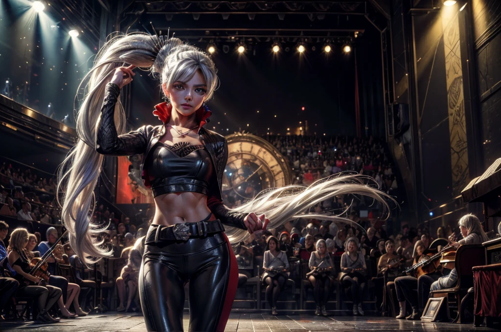 (masterpiece, best quality:1.2), cowboy shot, weissvale, smile, closed mouth,  looking at viewer, long white hair, side ponytail, scar above eye, scar below eye, t-shirt, yoga pants,  jewelry, necklace, earrings, future_urban, standing in theater, on stage, orchestra, audience, crowd, (volumetric lighting), intricate details, tonemapping, sharp focus, hyper detailed 