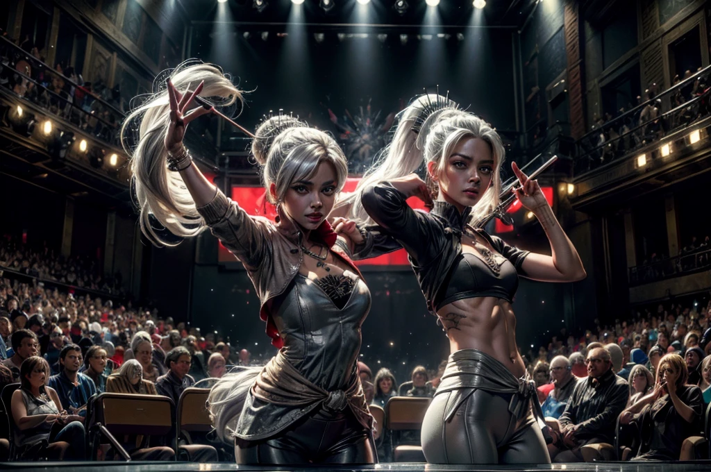 (masterpiece, best quality:1.2), cowboy shot, weissvale, smile, closed mouth, looking at viewer, long white hair, side ponytail, scar above eye, scar below eye, t-shirt, yoga pants, jewelry, necklace, earrings, future_urban, standing in theater, on stage, orchestra, audience, crowd, (volumetric lighting), intricate details, tonemapping, sharp focus, hyper detailed