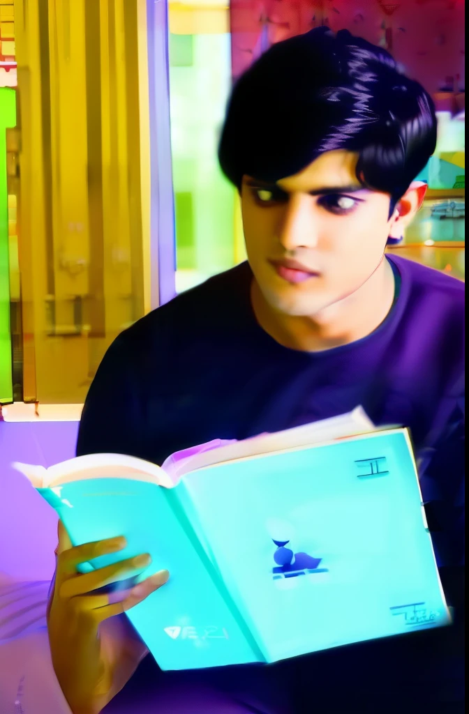 A young man in a , with purple eyes and dark black hair, was studying seriously.