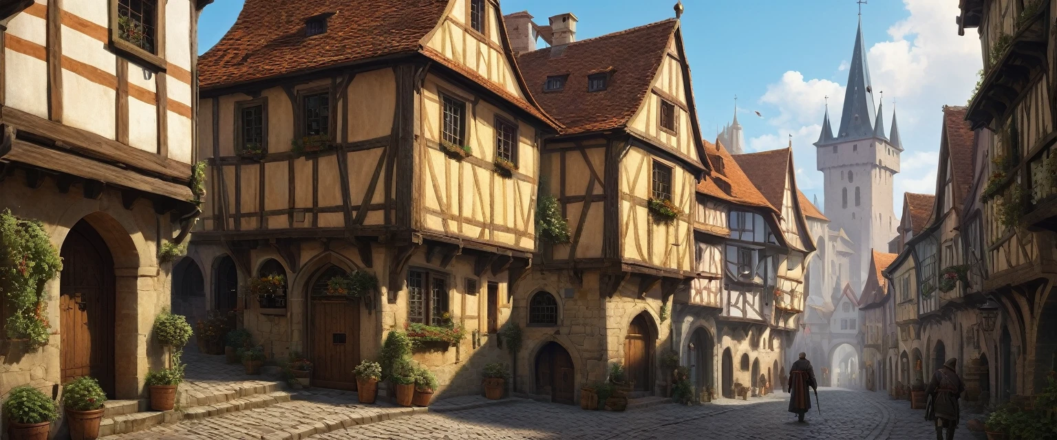 ((masterpiece, high quality, artgerm, artstation, beautiful)), there is a painting of a man walking down a street in a medieval town, medeival Fantasiestadt, medieval town, medieval town, A busy, magical city, medieval fantasy art, Fantasiestadt setting, in a medieval town, medieval fantasy gaming, a medieval town, Fantasiestadt, medieval town landscape, medieval fantasy illustration, Burgstadt, Fantasy cityscape, inspired by michael whelan, andreas rocha, john howe, mœbius